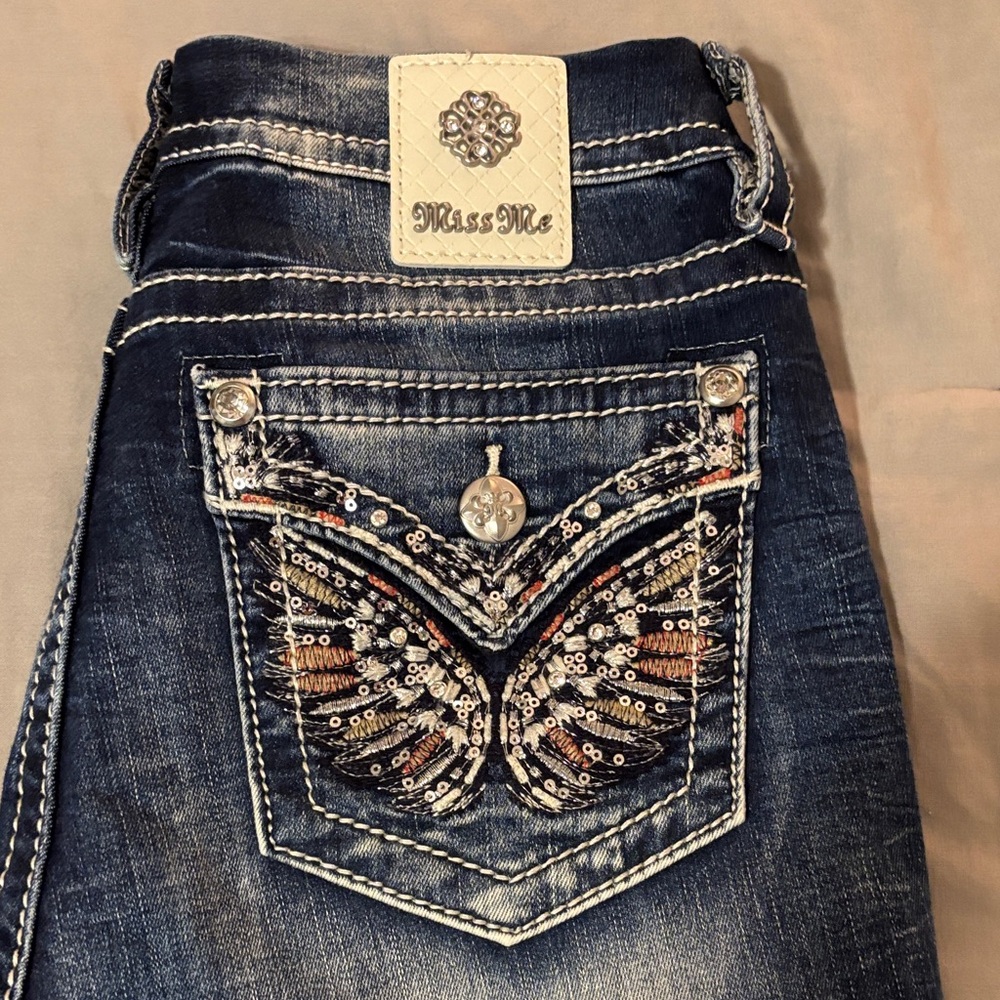 Miss Me Women's Dark Blue Boot Cut Jeans with Sequin Butterfly